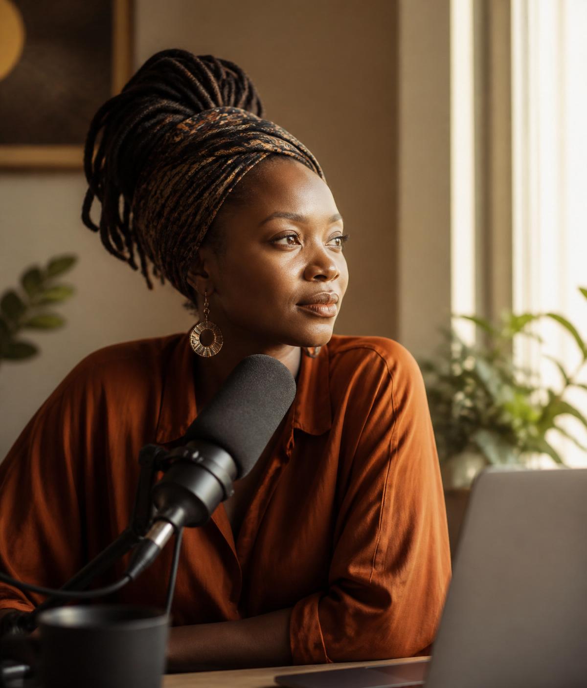 A podcaster preparing for a recording, seated by a warm window
